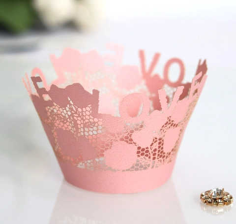 Involucri per Cupcake Taglio Laser Love Pizzo Traforato Carta Perlata Decorativa per Matrimonio San Valentino Festa di Compleanno