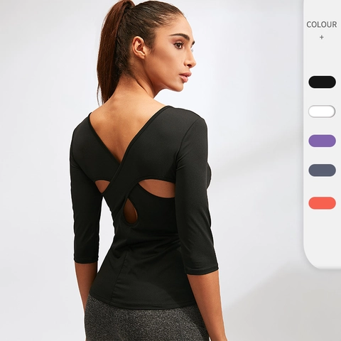 Women Quick Dry Yoga Top Cross Back Cut Out Fitness Shirt 3/4 Sleeve Tight Sports Gym Running Workout T-Shirt