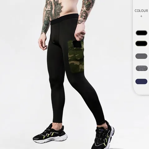 Men's Compression Fitness Leggings Camo Pocket Quick Dry High Elastic Sport Running Tights Breathable Workout Pants