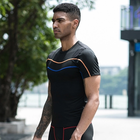 T-Shirt de Compression Athlétique pour Hommes Séchage Rapide Fitness Course Manche Courte Réfléchissant Vêtement de Sport