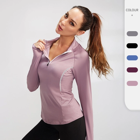 Top Sportivo da Donna a Manica Lunga con Mezza Cerniera Alta Elasticità Traspirante Slim Fit per Fitness Yoga Corsa