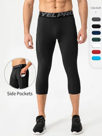 Herren Kompressions-Lauftights Hohe Elastizität Schnelltrocknende Sport-Caprihose Mit Seitentaschen Für Fitness Gym Training