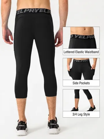 Herren Kompressions-Lauftights Hohe Elastizität Schnelltrocknende Sport-Caprihose Mit Seitentaschen Für Fitness Gym Training