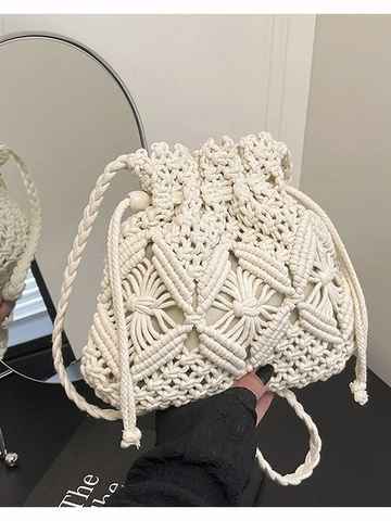 Bolso Cubo de Ganchillo Tejido a Mano Retro para Mujer Bohemio Rombo Hueco con Cordón para Vacaciones en la Playa