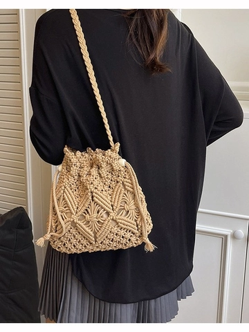 Bolso Cubo de Ganchillo Tejido a Mano Retro para Mujer Bohemio Rombo Hueco con Cordón para Vacaciones en la Playa