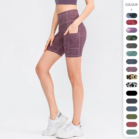Dames Hoge Taille Yoga Shorts Met Zijzakken Bedrukt Camouflage Luipaard Workout Biker Shorts Sneldrogende Sportshort