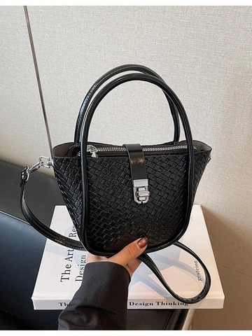 Bolso Cubo de Cuero PU con Patrón Tejido para Mujer Verano Simple Bolso de Mano de Hombro Cruzado con Hebilla de Cremallera