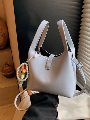 Fashion PU Leather Bucket Bag For Women With Artificial Pearl Cartoon Pendant Solid Color Crossbody Commuter Shoulder Bag