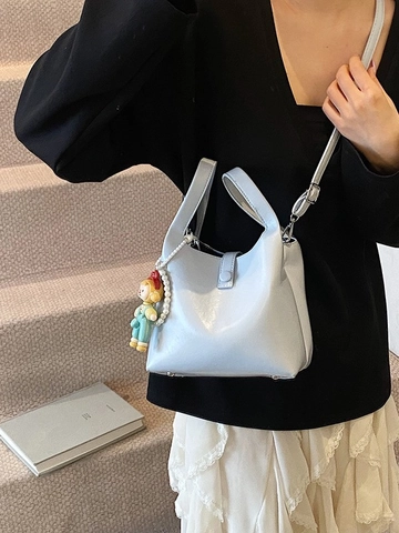 Fashion PU Leather Bucket Bag For Women With Artificial Pearl Cartoon Pendant Solid Color Crossbody Commuter Shoulder Bag
