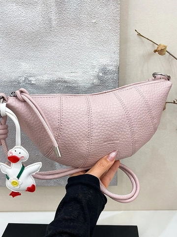 Fashion Niche PU Leather Crescent Croissant Crossbody Bag For Women Premium Knotted Strap Dumpling Bag With Cartoon Duck Pendant