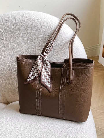 Borsa Totebag in Pelle PU a Grande Capacità Con Cuciture a Contrasto E Sciarpa Decorativa Donna Motivo Litchi Borsa a Spalla