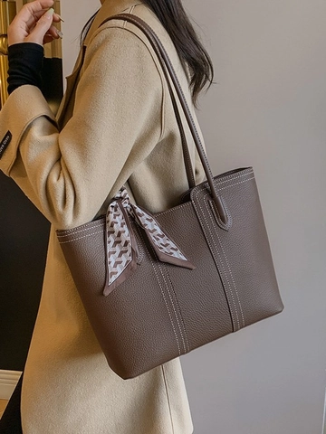 Borsa Totebag in Pelle PU a Grande Capacità Con Cuciture a Contrasto E Sciarpa Decorativa Donna Motivo Litchi Borsa a Spalla
