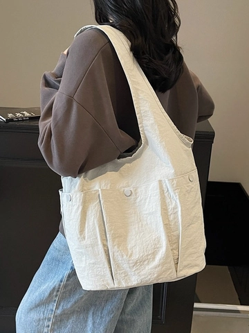 Women Large Capacity Nylon Tote Bag Casual Minimalist Multi Pocket Shoulder Bag Japanese Style Solid Color Canvas Handbag