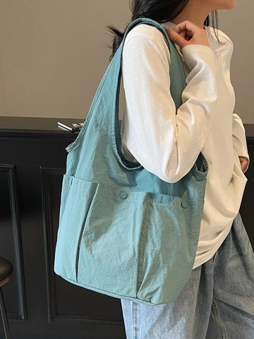 Women Large Capacity Nylon Tote Bag Casual Minimalist Multi Pocket Shoulder Bag Japanese Style Solid Color Canvas Handbag