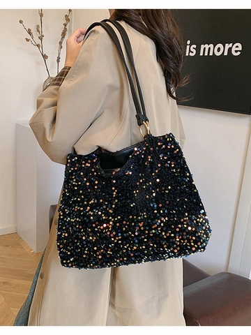 Large Capacity Sequin Tote Bag For Women Casual Holographic Sparkle Shoulder Bag Fashion Canvas Shopping Handbag For Girls