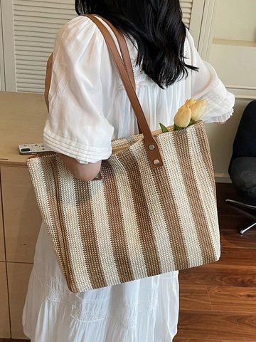 Minimalistische Stroh Geflochten Streifen Tote Tasche Für Damen Große Kapazität Strand Umhängetasche Mit Lederriemen Lässige Handtasche