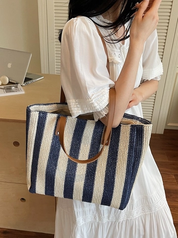 Minimalistische Stroh Geflochten Streifen Tote Tasche Für Damen Große Kapazität Strand Umhängetasche Mit Lederriemen Lässige Handtasche