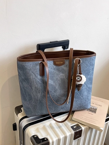 Damen Tote Bag Mit Großer Kapazität Hochwertige Marmor-Textur PU-Leder Schultertasche Lässige Pendler-Handtasche Mit Plüsch-Anhänger