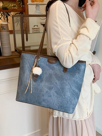 Damen Tote Bag Mit Großer Kapazität Hochwertige Marmor-Textur PU-Leder Schultertasche Lässige Pendler-Handtasche Mit Plüsch-Anhänger