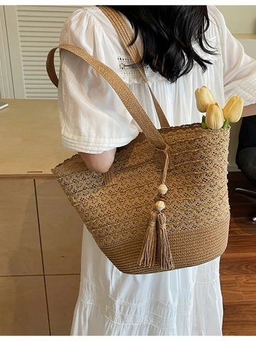 Sommer Spitze Stroh Gewebt Tragetasche Damen Große Kapazität Strand Urlaub Umhängetasche Böhmischen Stil Quaste Handtasche
