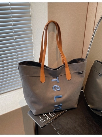 Women Large Capacity Canvas Tote Bag With Letter Embroidery Contrast Handles Casual Shoulder Handbag For School Daily