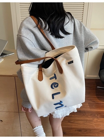 Women Large Capacity Canvas Tote Bag With Letter Embroidery Contrast Handles Casual Shoulder Handbag For School Daily