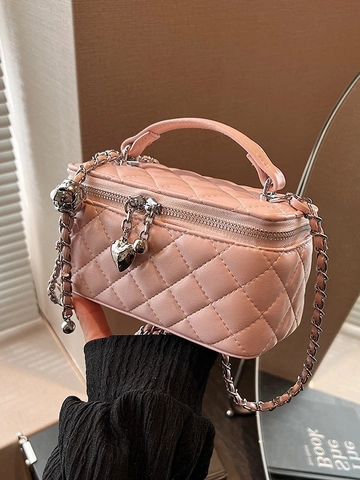 Fashion Quilted PU Leather Vanity Bag For Women Heart Pendant Chain Strap Small Square Crossbody Bag Daily Handbag