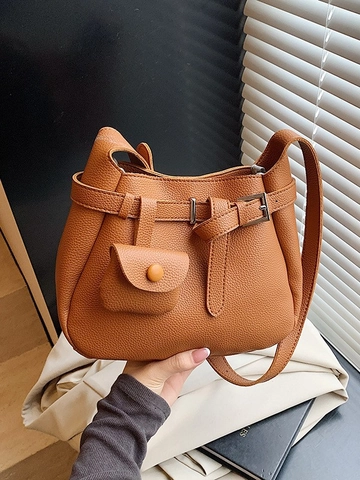 Sac Seau en Cuir PU pour Femmes Motif Lychee Sac à Bandoulière Avec Mini Pochette Détachable Sac à Main Décontracté