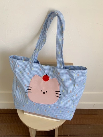 Women Large Capacity Tote Bag Cute Cartoon Cat Patch Embroidery Corduroy Canvas Shoulder Bag Casual Daily Commuting Handbag