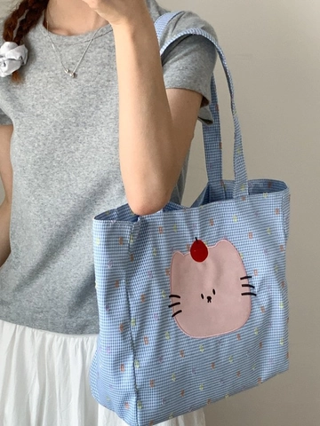 Women Large Capacity Tote Bag Cute Cartoon Cat Patch Embroidery Corduroy Canvas Shoulder Bag Casual Daily Commuting Handbag