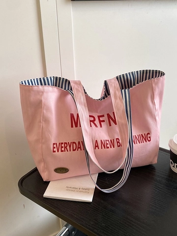 Borsa Tote in Tela da Donna a Grande Capacità Con Stampa di Lettere Borsa a Tracolla Fodera a Righe Borsa Casual Per Lavoro Shopping