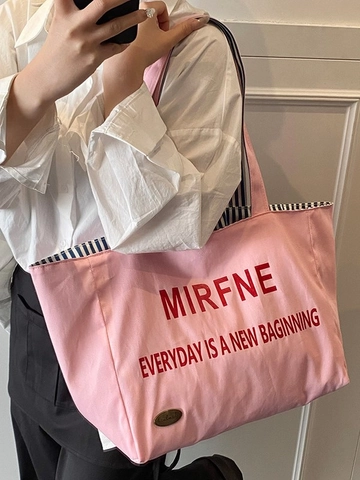 Borsa Tote in Tela da Donna a Grande Capacità Con Stampa di Lettere Borsa a Tracolla Fodera a Righe Borsa Casual Per Lavoro Shopping