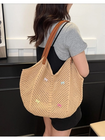Dames Gekleurde Strik Gebreide Shopper Opengewerkte Gehaakte Schoudertas Grote Capaciteit Zomer Strand Vakantie Handtas