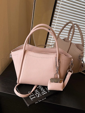 Women Fashionable PU Leather Bucket Bag Pebbled Texture Large Capacity Shoulder Crossbody Bag With Mini Bag Charm Daily Tote