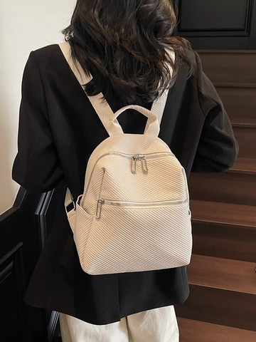 Mochila de Moda para Mujer Cuero PU Textura Tejida Gran Capacidad Estilo Coreano Pespunteado para Viaje Escuela Color Sólido