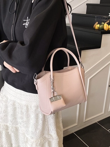 Women Fashionable PU Leather Bucket Bag Pebbled Texture Large Capacity Shoulder Crossbody Bag With Mini Bag Charm Daily Tote