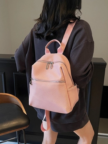 Mochila de Moda para Mujer Cuero PU Textura Tejida Gran Capacidad Estilo Coreano Pespunteado para Viaje Escuela Color Sólido