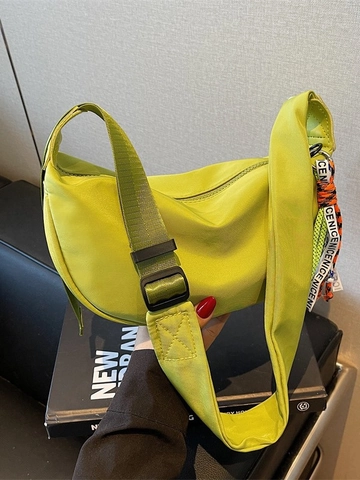 Bolso Bandolera de Lona en Forma de Media Luna para Mujer Casual Hobo Color Sólido Plisado con Decoración de Cinta