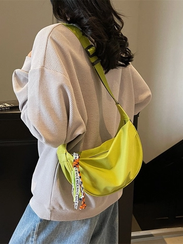Bolso Bandolera de Lona en Forma de Media Luna para Mujer Casual Hobo Color Sólido Plisado con Decoración de Cinta