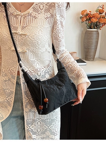 Bolso Dumpling Plisado de PU de Moda para Mujer Bolso Bandolera Color Sólido Con Decoración de Cuentas Bolso Diario Casual