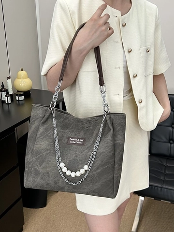 Damen Denim Einkaufstasche Mit Großem Fassungsvermögen Gewaschener Stoff Schultertasche Mit Künstlicher Perlen Metallkette