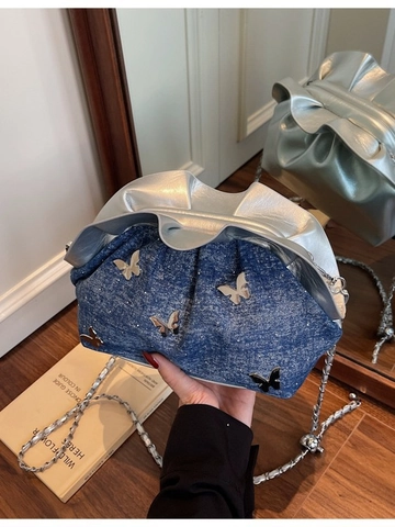 Bolso de Hombro de Denim para Mujer Mariposa Cadena Y2K Bolso de Nube Plisado Bandolera Empalme Plateado Vintage