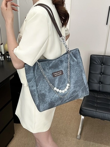 Damen Denim Einkaufstasche Mit Großem Fassungsvermögen Gewaschener Stoff Schultertasche Mit Künstlicher Perlen Metallkette