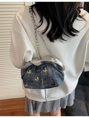 Bolso de Hombro de Denim para Mujer Mariposa Cadena Y2K Bolso de Nube Plisado Bandolera Empalme Plateado Vintage