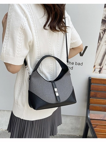 Damen Vintage Patchwork Hobo Tasche Gespleißtes PU Leder Textil Kontrastfarbe Schulter Umhängetasche Metallschloss Handtasche