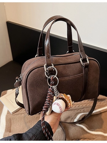 Women Suede Boston Bag Vintage Frosted Leather Shoulder Bag Solid Color Crossbody Handbag Preppy School Commute Bag