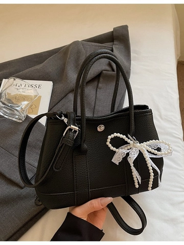 Sac Seau en Cuir PU à Motif Litchi pour Femmes Élégant Décoration de Perle Artificielle et Nœud en Dentelle Sac Bandoulière Fourre-tout