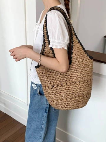 Bolso Tote de Paja Tejido a Mano Gran Capacidad Bolso de Hombro Casual Verano Playa Vacaciones Bolso para Mujer Viaje
