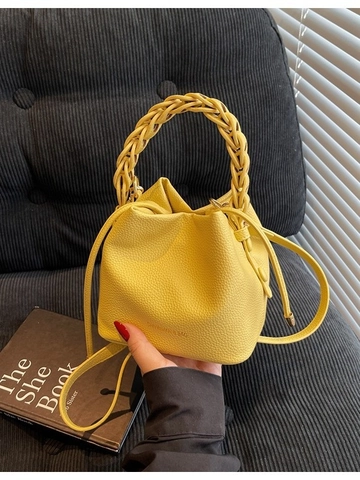 Elegante Bolso de Cubo de Cuero PU Con Patrón de Lichi para Mujer Asa Tejida Cordón de Ajuste Bolso de Hombro Cruzado de Moda