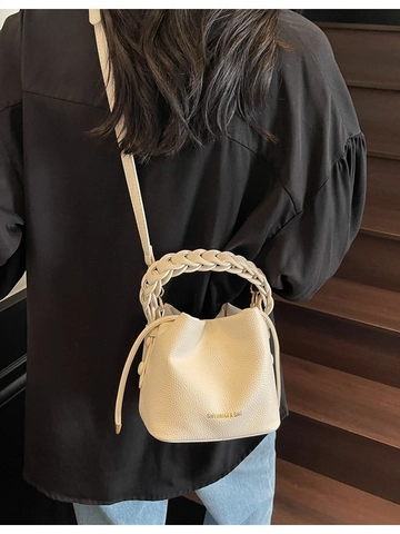 Elegante Bolso de Cubo de Cuero PU Con Patrón de Lichi para Mujer Asa Tejida Cordón de Ajuste Bolso de Hombro Cruzado de Moda